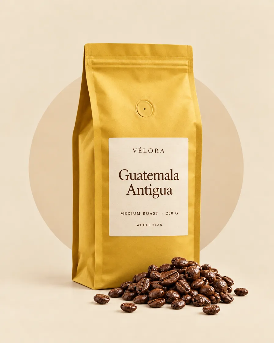 Mustard yellow VÉLORA bag of Guatemala Antigua coffee, 250 g