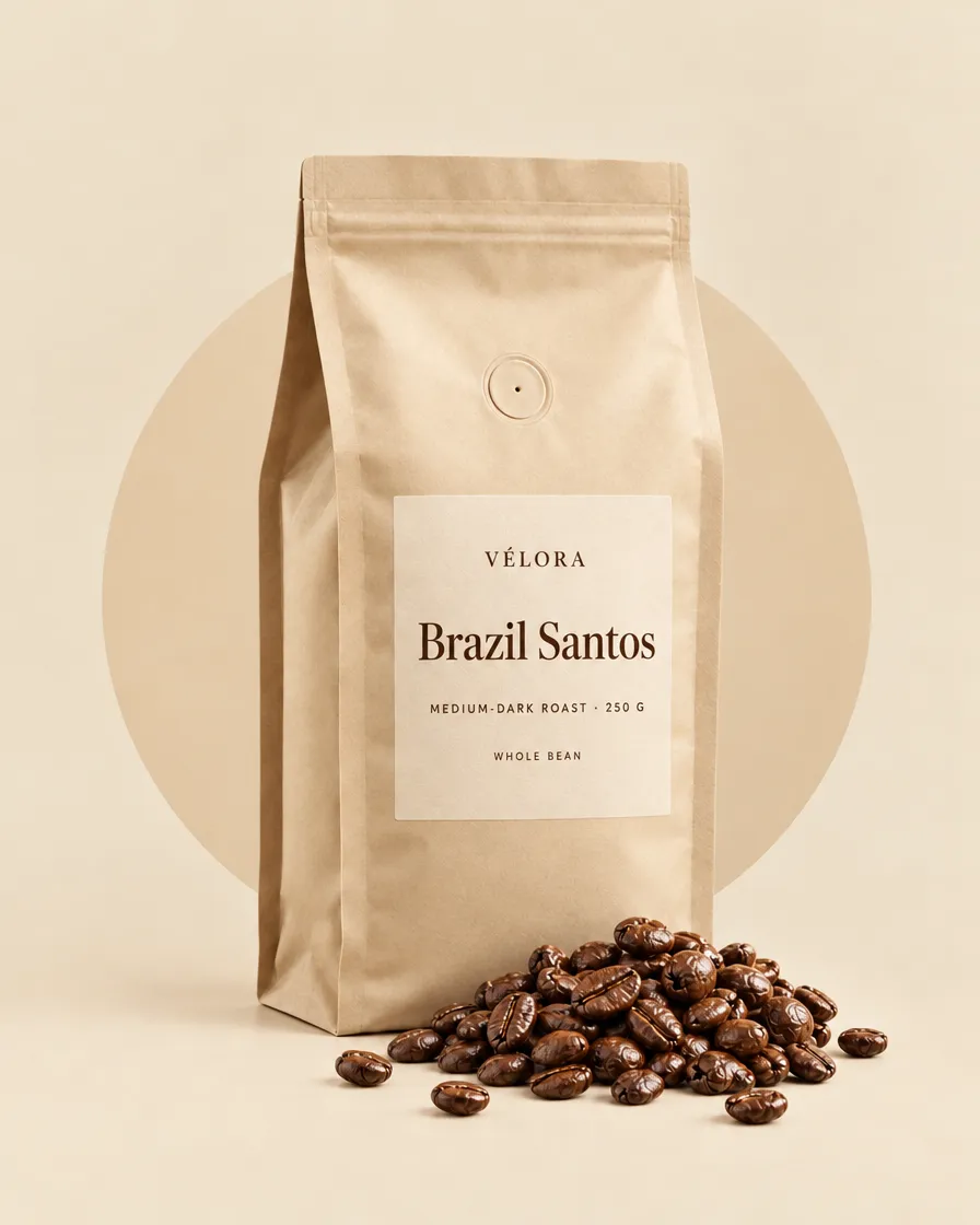 Sand-coloured VÉLORA bag of Brazil Santos coffee, 250 g