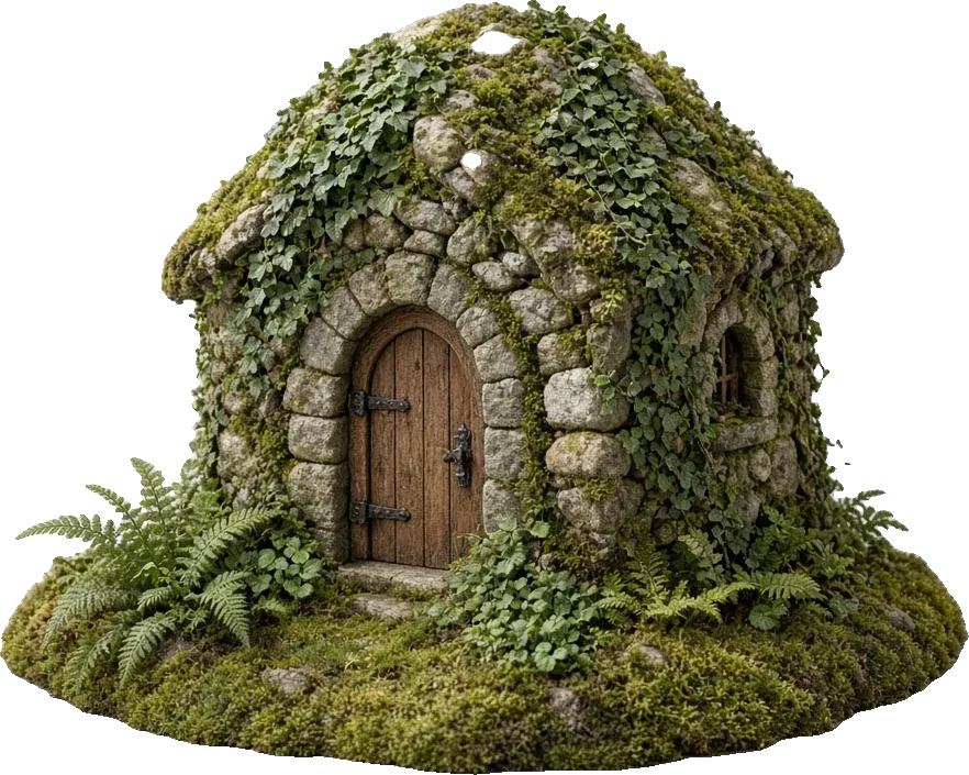A mossy stone folly in the forest
