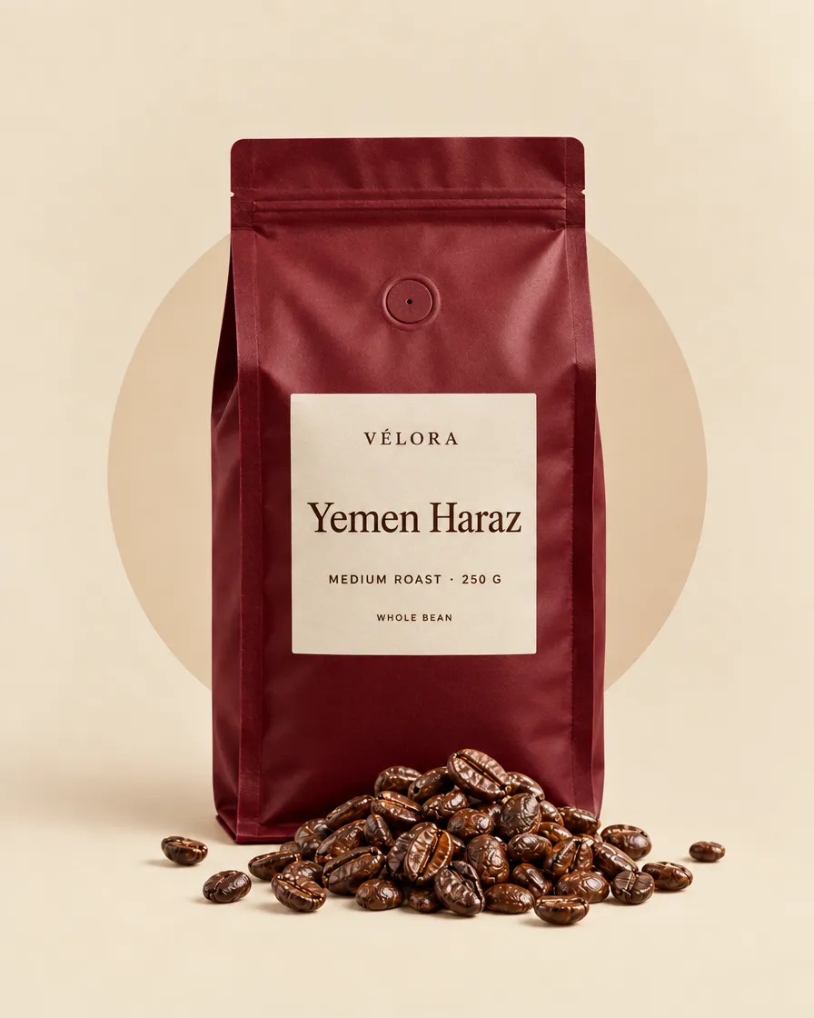 Burgundy VÉLORA bag of Yemen Haraz coffee, 250 g