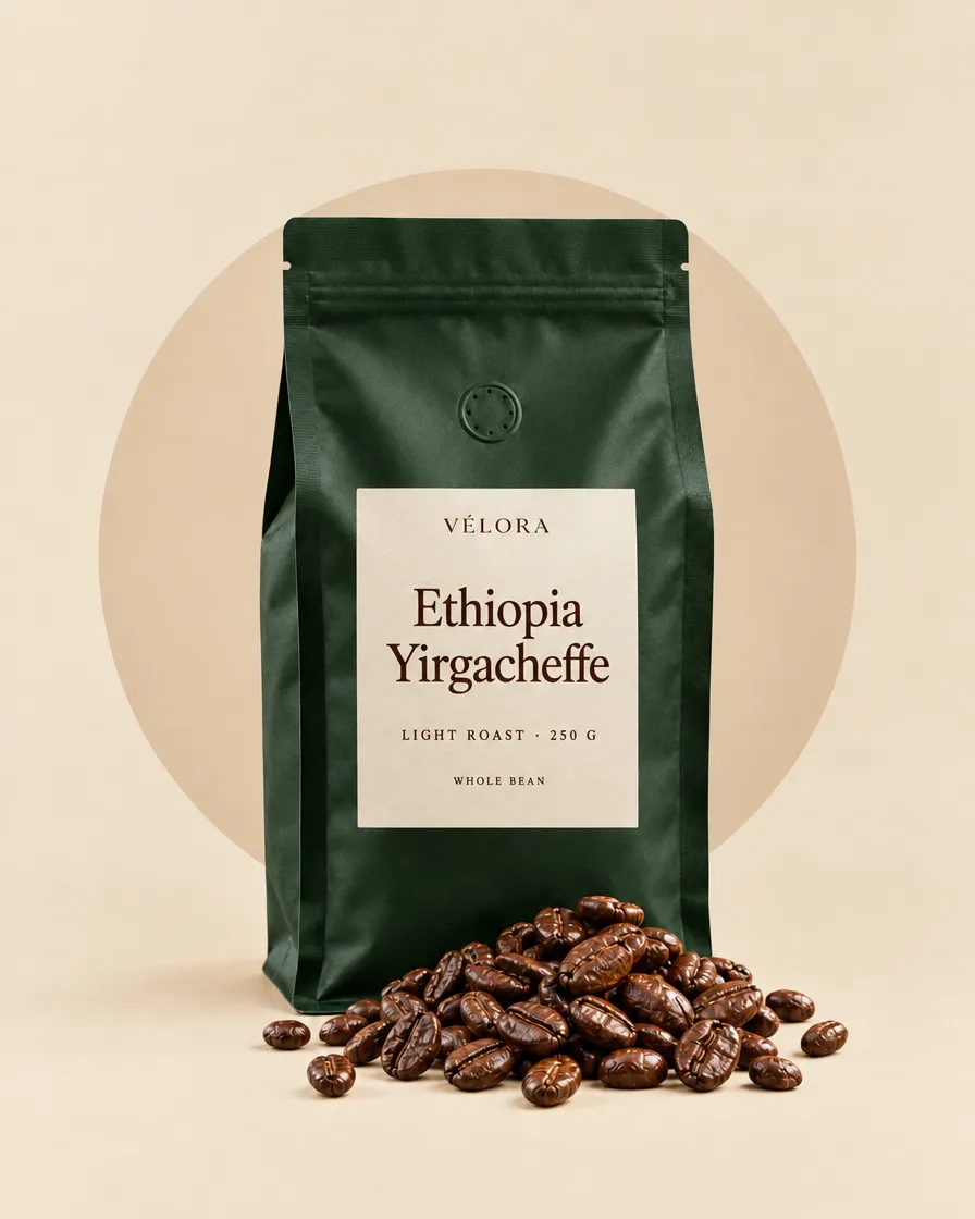 Green VÉLORA bag of Ethiopia Yirgacheffe coffee, 250 g