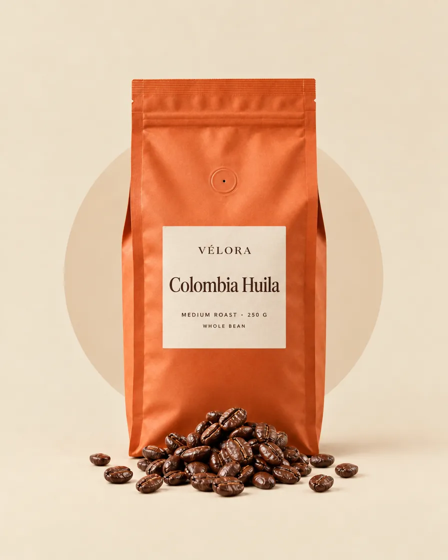 Orange VÉLORA bag of Colombia Huila coffee, 250 g