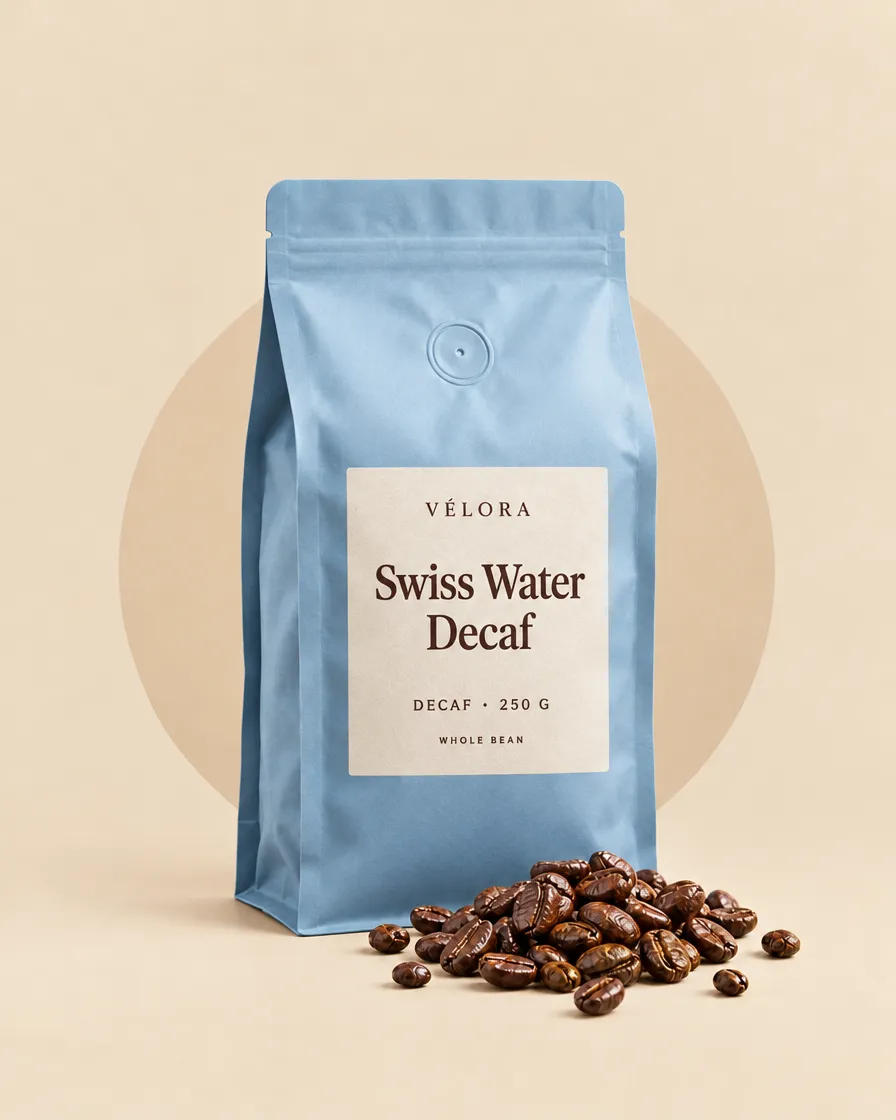 Light blue VÉLORA bag of Swiss Water Decaf coffee, 250 g