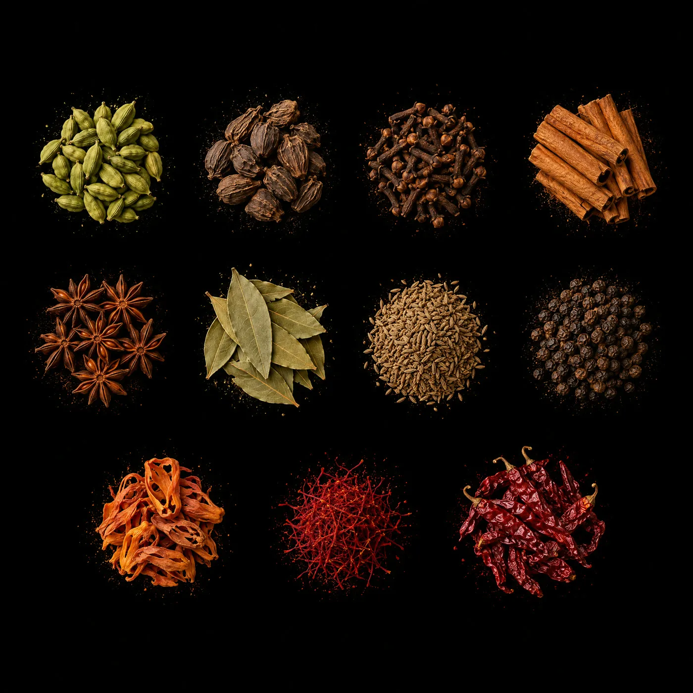 Eleven whole Indian spices in neat separate piles