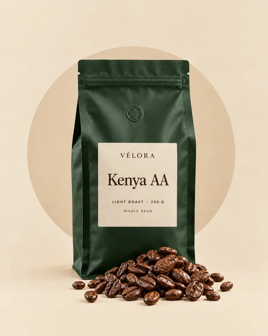 Olive green VÉLORA bag of Kenya AA coffee, 250 g