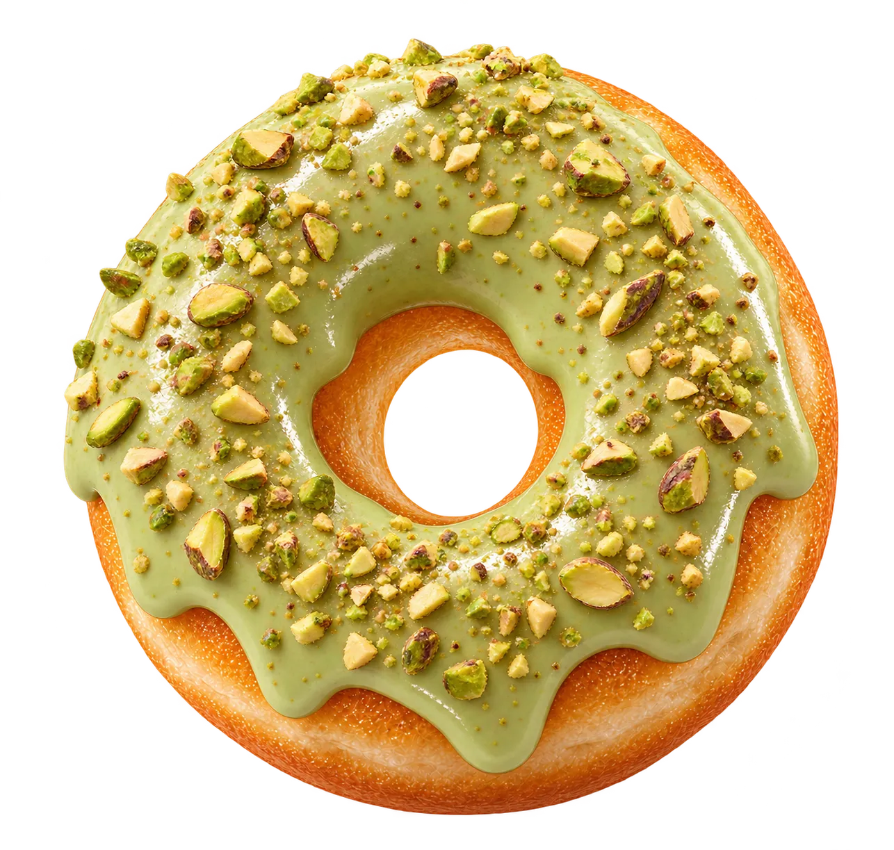 Pistachio donut dropping into the box