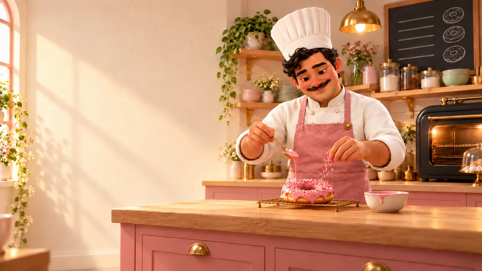 PINKLOOP baker glazing a donut with strawberry glaze and sprinkles