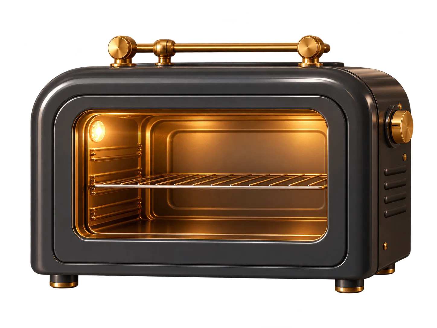 A charcoal oven with brass trim