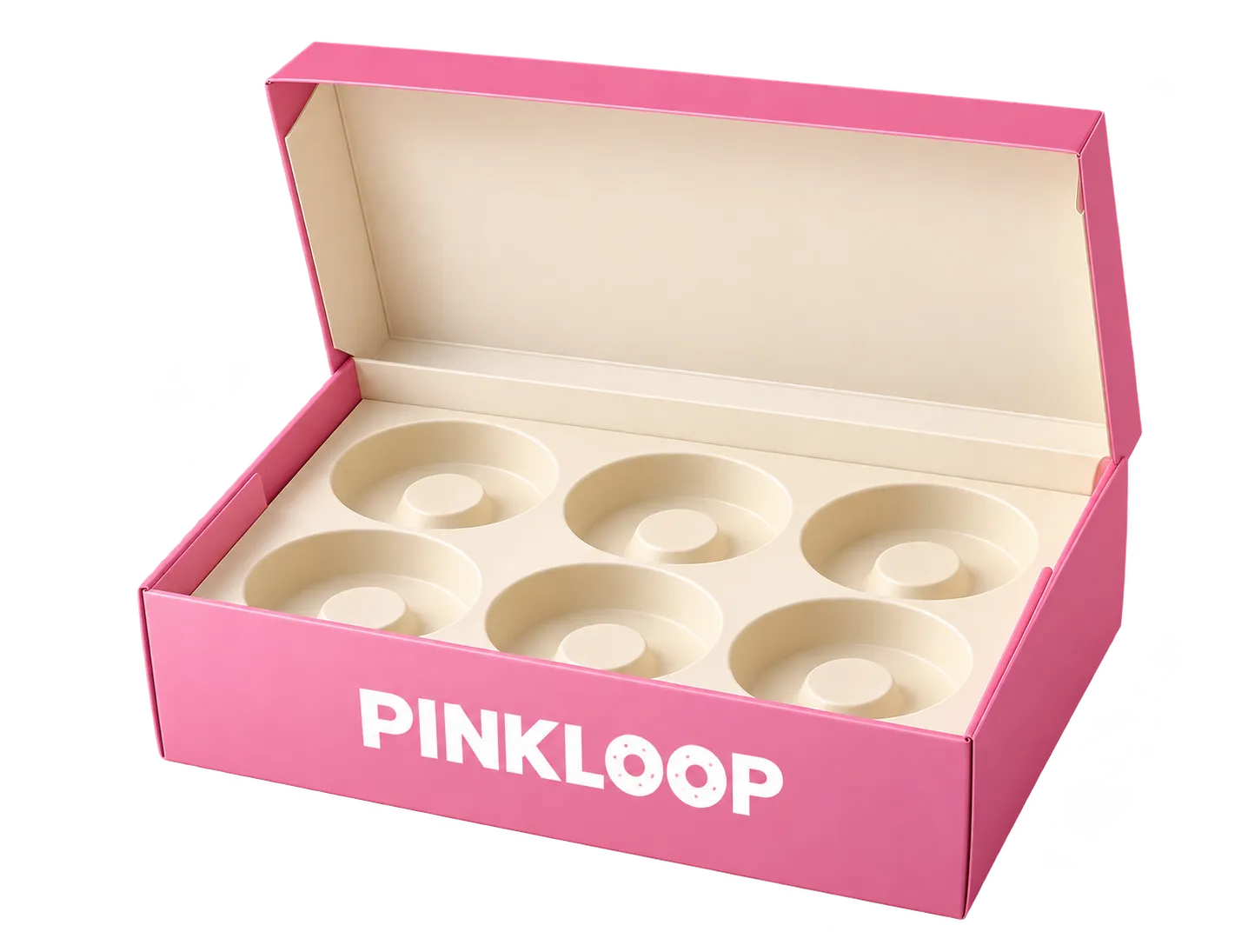 Open empty six-well PINKLOOP pink box