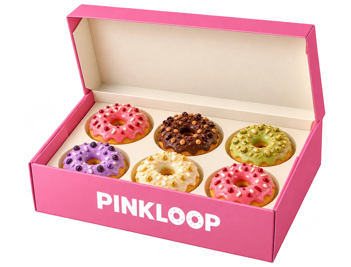 PINKLOOP pink box filled with six donuts