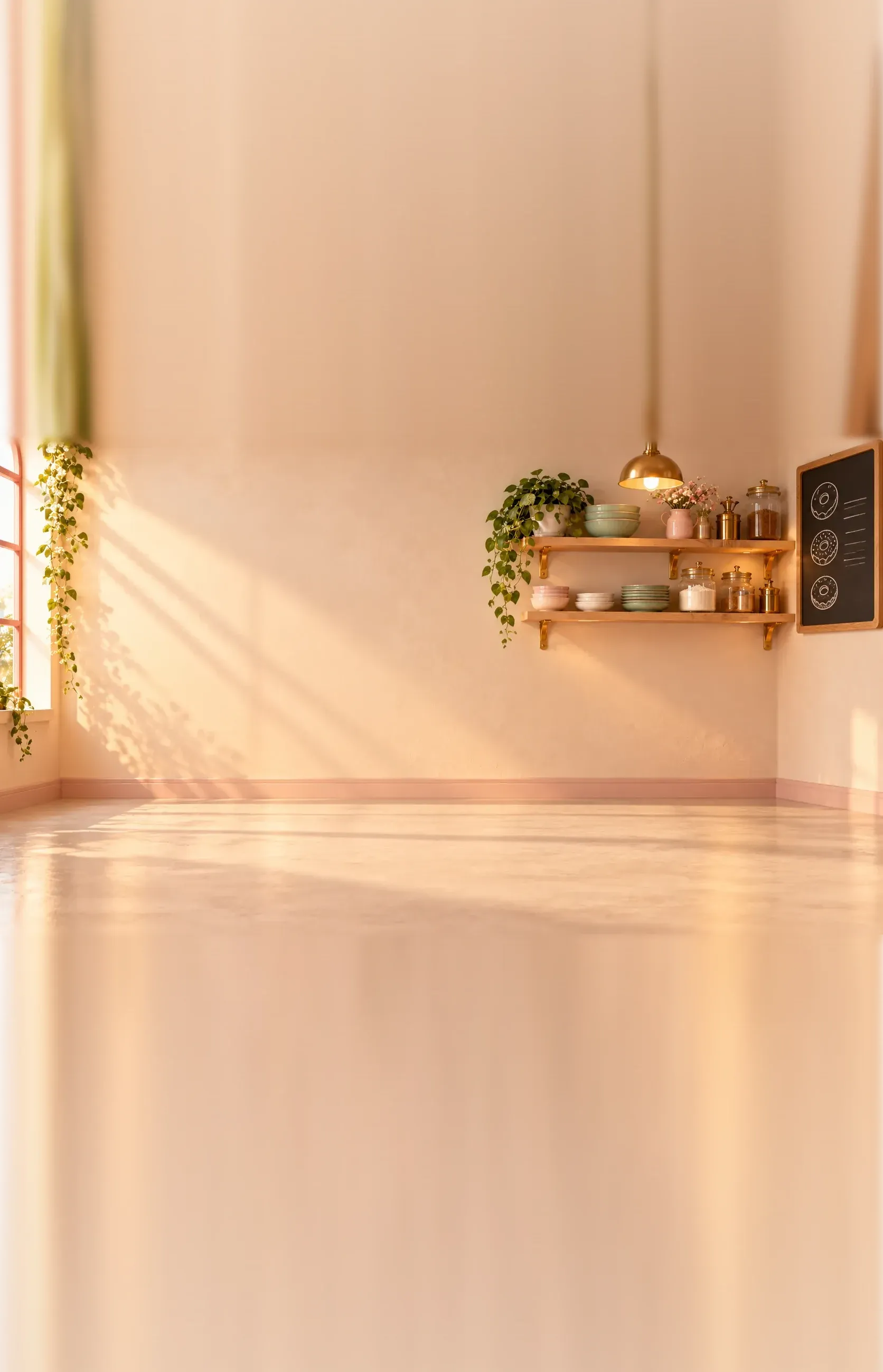 The PINKLOOP bakery: cream walls, a window and brass-trimmed shelves